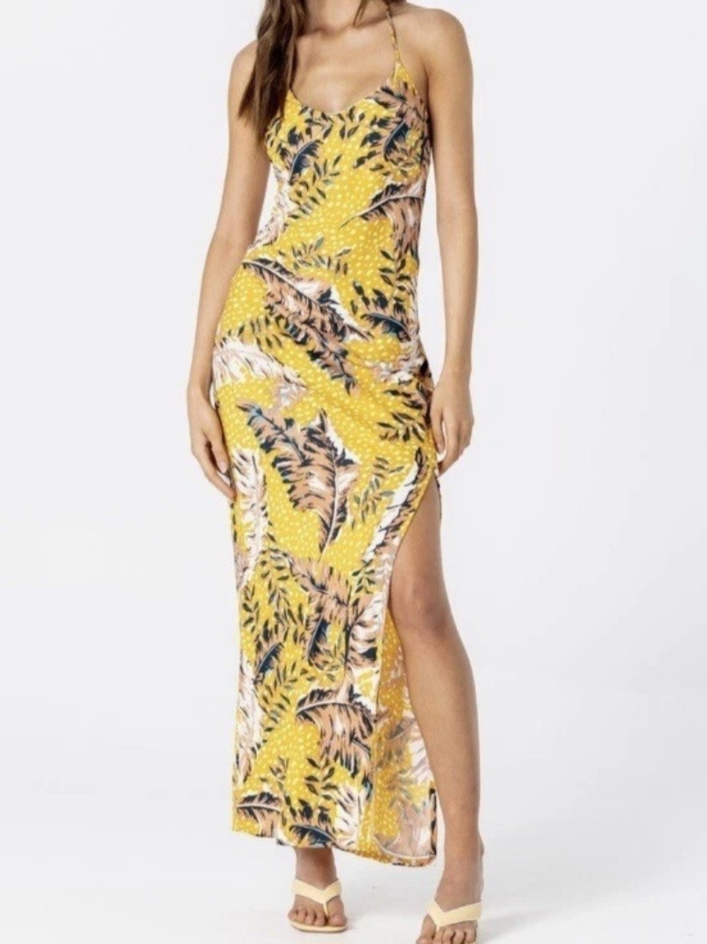 Yellow Tropical Print Slip Maxi Dress - Le Salty
